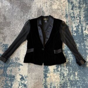 R&K Evenings Black velvet Blazer with Sheer Sleeves and satin lapels, size 12